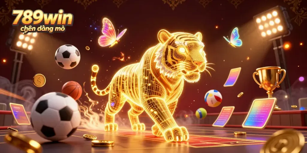 Engage in thrilling gameplay with the luminous 3D tiger in a vibrant digital casino landscape at 789win hiện đang mở.