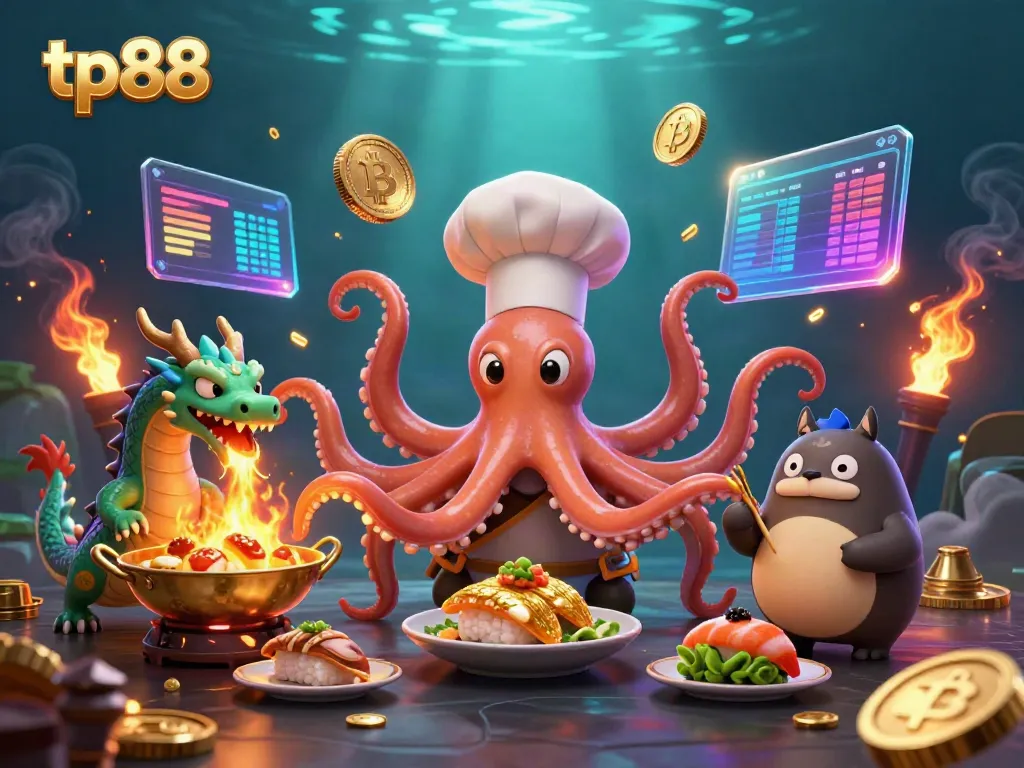 Experience the excitement of tp88 with a vibrant 3D casino scene featuring unique characters and glowing crypto elements.