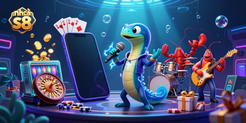 Celebrate with nhà cái s8's vibrant underwater casino illustration featuring animated characters and games.