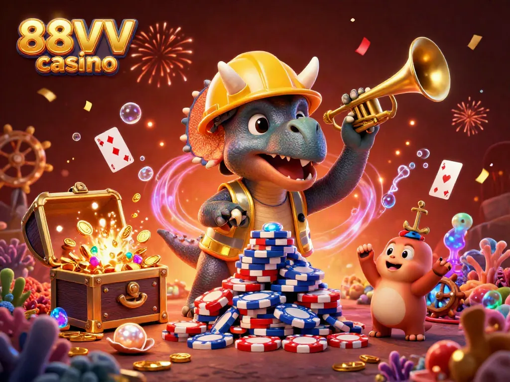 Experience the excitement of 88VV casino with playful dinosaur characters celebrating a poker chip pyramid.