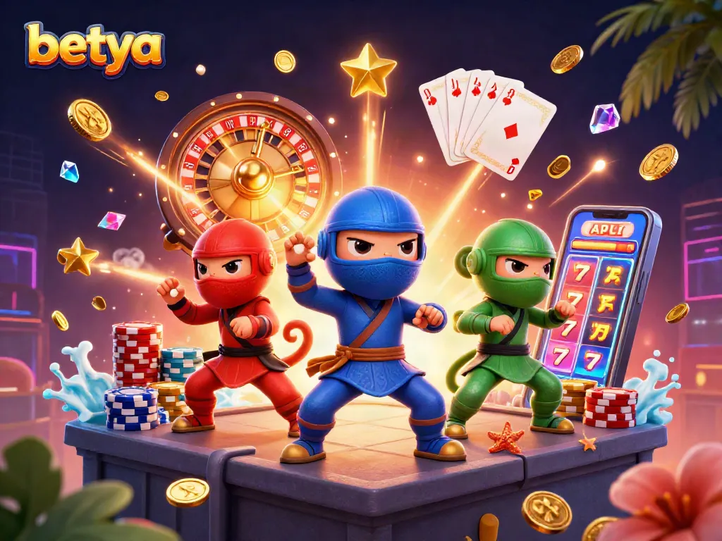 Experience thrilling games with betya as chameleon ninjas perform in a vibrant casino environment.
