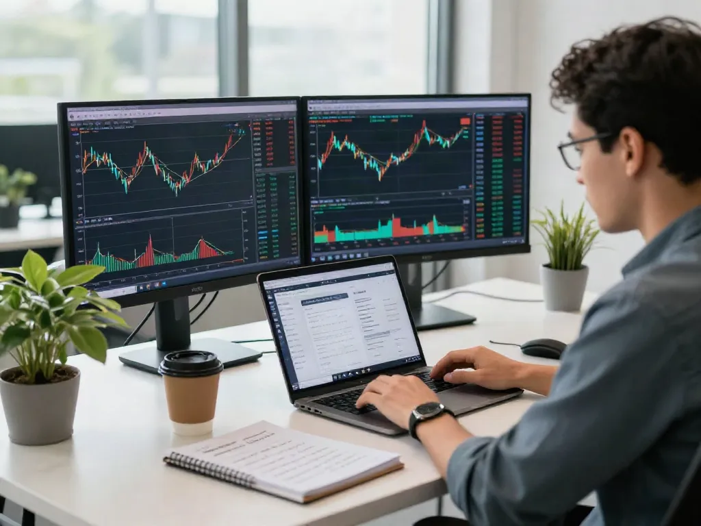 Un trader utilisant la-couponeau.com pour analyser les marchés dans un bureau moderne.